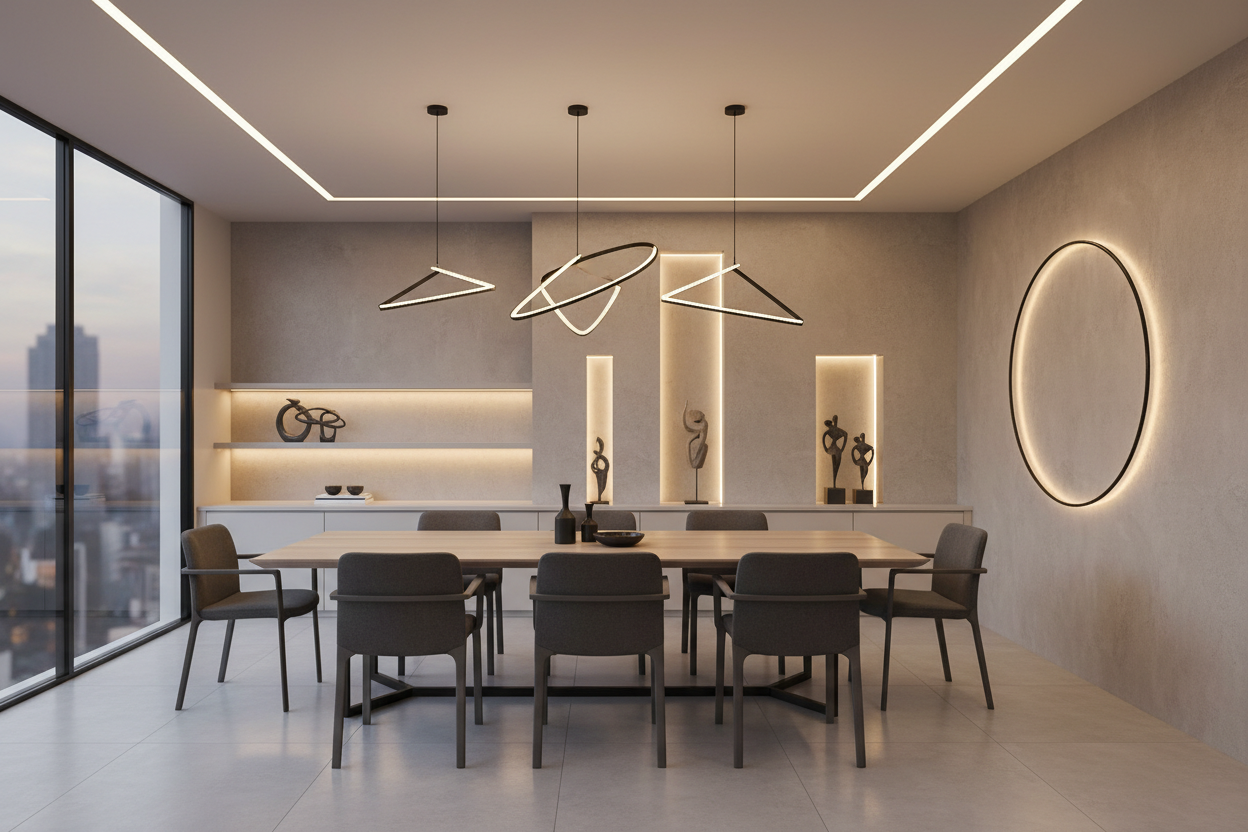 Une image soit d'un salon, soit une salle à manger avec un bel éclairage Design LED s'il te plait